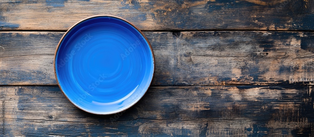 Aufkleber blue plate on a wooden surface. with copy space image. place for adding text or design