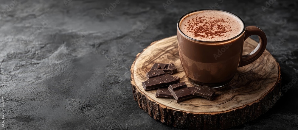 Poster delicious hot chocolate served on a wooden platter. with copy space image. place for adding text or 