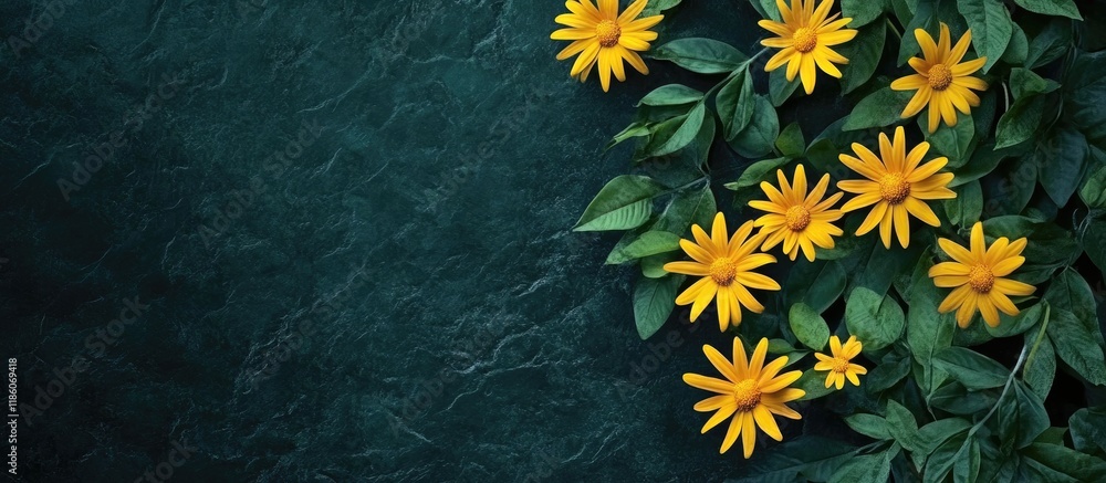 Poster yellow daisies on a dark green backdrop copyspace shallow depth of field