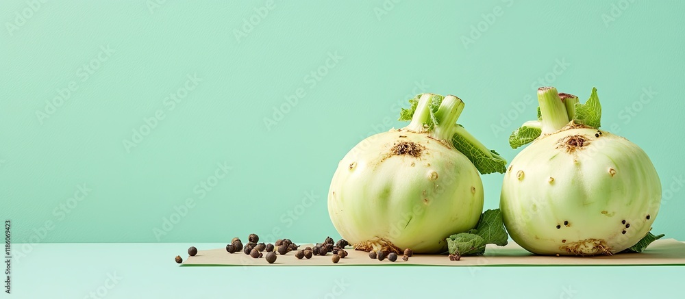 Poster two kohlrabies accompanied by some peppercorns and allspice on a paper surface light mint green back