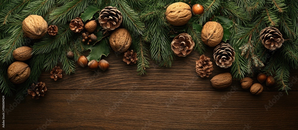 Leinwandbilder christmas arrangement fir tree pine branches pine cones fir cones nuts walnuts pine nuts hazelnuts a