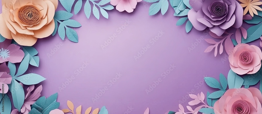 Leinwandbilder A frame created from paper flowers and leaves against a purple background. with copy space image. Place for adding text or design