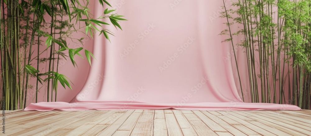 Poster Bamboo mat and pink fabric in a classic design Chinese Japanese backdrop. with copy space image. Place for adding text or design