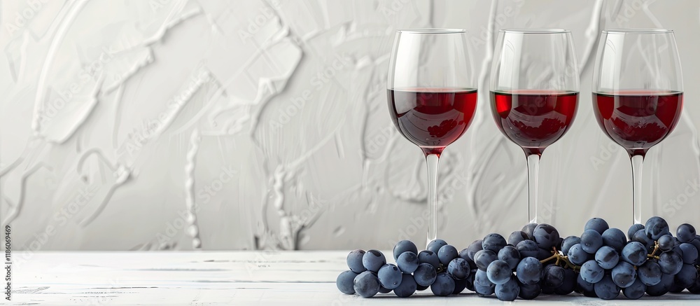 Aufkleber Three glasses of red wine and blue grapes on a white wooden tabletop background. with copy space image. Place for adding text or design