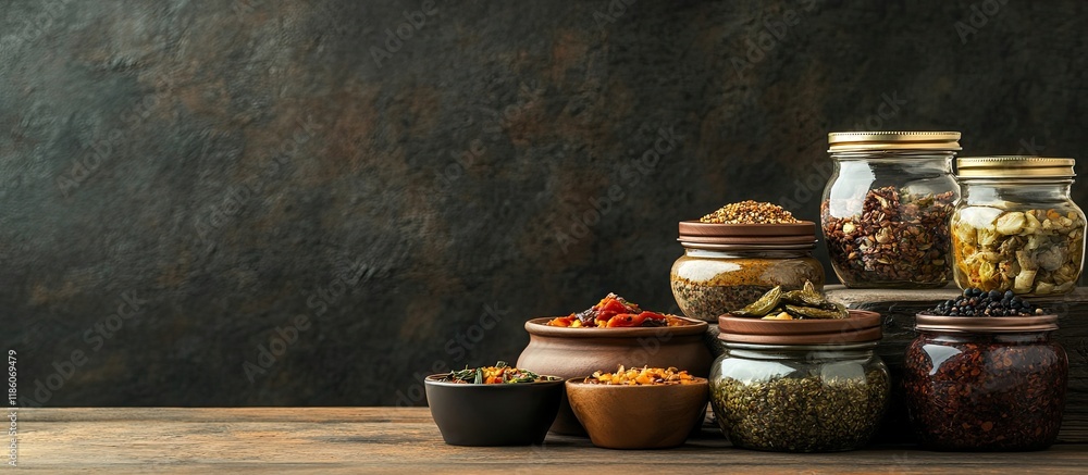 Poster multiple bowls and jars containing small vegan dishes. with copy space image. place for adding text 
