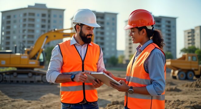 Civil engineer, inspector discuss project on construction site. Use tablet to review blueprints. Modern apartment complex under development. Heavy machinery like excavators work in background. Sunny