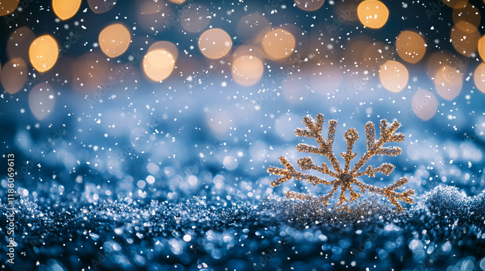 Poster magical winter scene with sparkling snowflake and soft bokeh lights in winter air