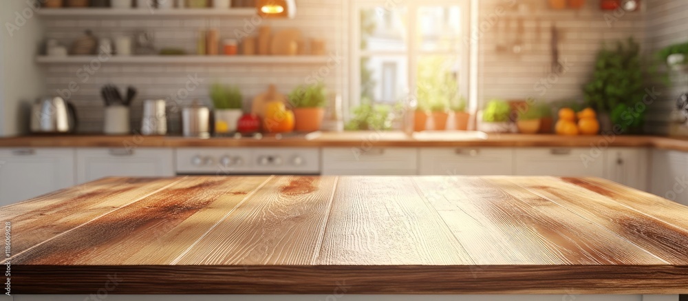 Aufkleber tabletop with a blurred kitchen background. with copy space image. place for adding text or design