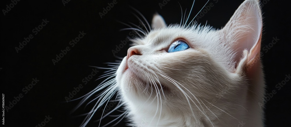 Poster white female cat gazing upward with blue eyes. with copy space image. place for adding text or desig