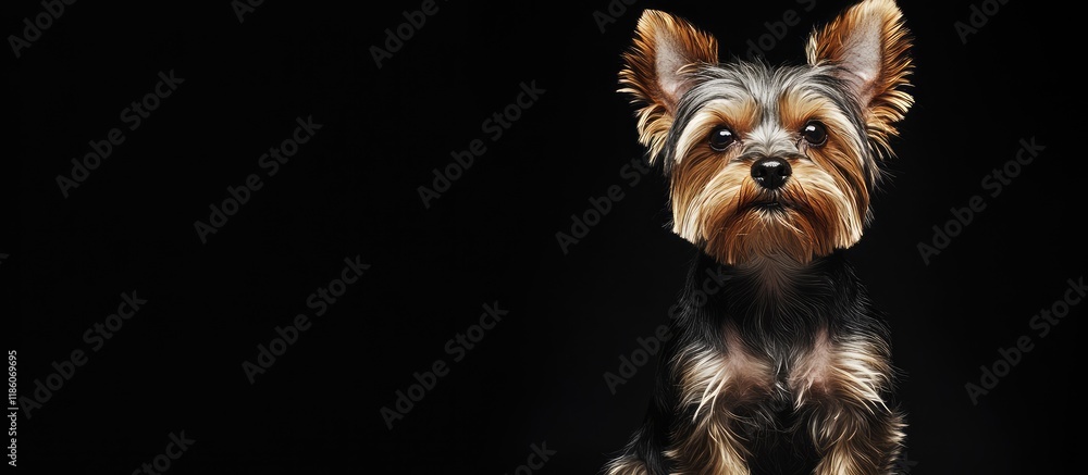 Poster yorkshire terrier sitting with untamed fur. with copy space image. place for adding text or design
