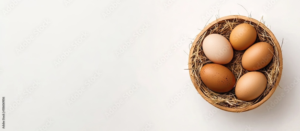Aufkleber eggs in a circular container with hay on a white background concept of easter composition spring hol