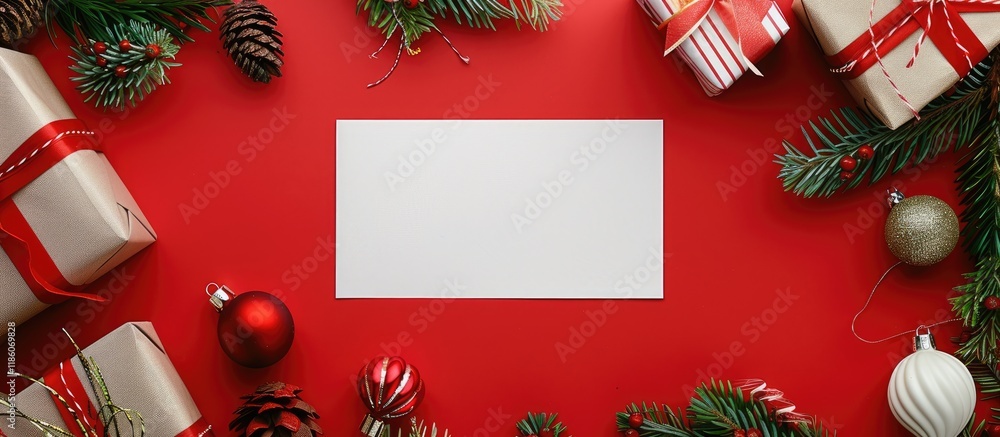 Poster Composition featuring a blank letter to Santa along with Christmas decorations and fir branches set against a red background. with copy space image. Place for adding text or design