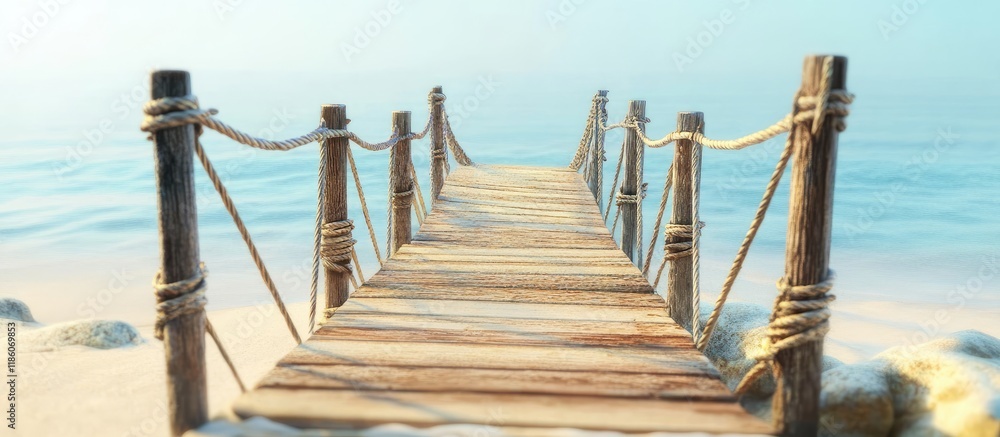 Poster wooden and rope suspension bridge by the sandy beach. with copy space image. place for adding text o
