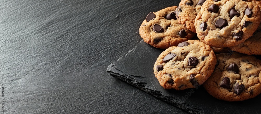 Aufkleber close up of a pile of chocolate chip cookies on a slate surface horizontal layout with copy space