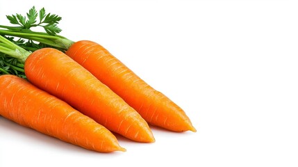 A photostock of bright orange carrot bunches with fresh green leaves, isolated on a clean white background, healthy and natural, High Quality
