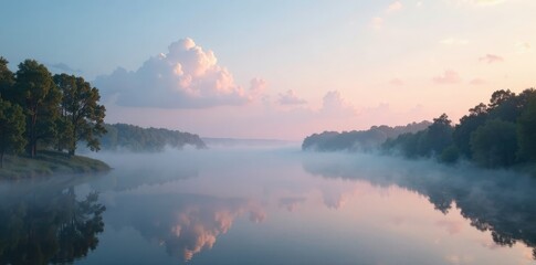 A misty morning over the Volga River with a few clouds in the sky, volgareiver, calmwater, scenicview