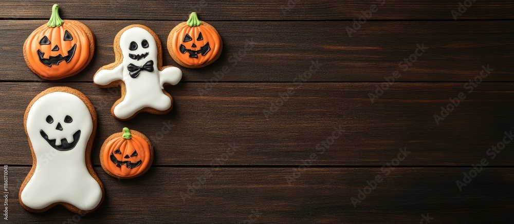 Poster delicious freshly made decorated halloween cookies on a dark wooden background perfect for a hallowe