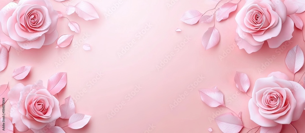 Poster lovely roses on a light pink background top view area for text. with copy space image. place for add