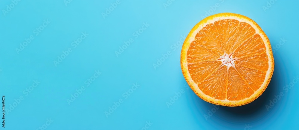 Poster Close up of a fresh orange slice on a blue background Flat lay copyspace top view