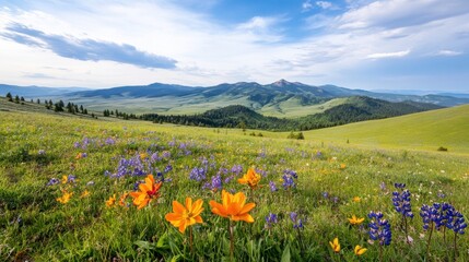 Fototapeta premium A vibrant landscape featuring colorful wildflowers in the foreground, rolling green hills, and a blue sky with scattered clouds in the background.