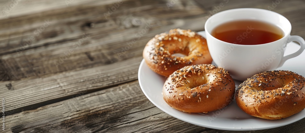 Poster a selection of tasty rosy and bagels beside a white cup of tea on a saucer rests on a wooden table. 