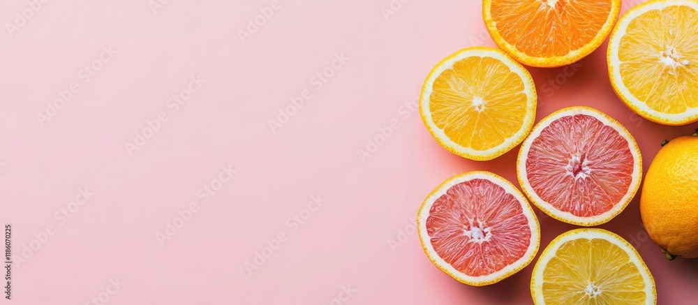 Aufkleber citrus fruit halves on a pink backdrop fruit intended for juice. with copy space image. place for ad