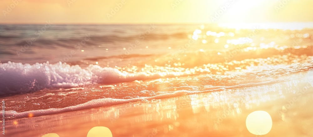 Poster Blurred tropical beach with bokeh sunlight and waves creating an abstract background Copy space for outdoor summer vacation and travel adventure ideas Vintage tone filter effect color style