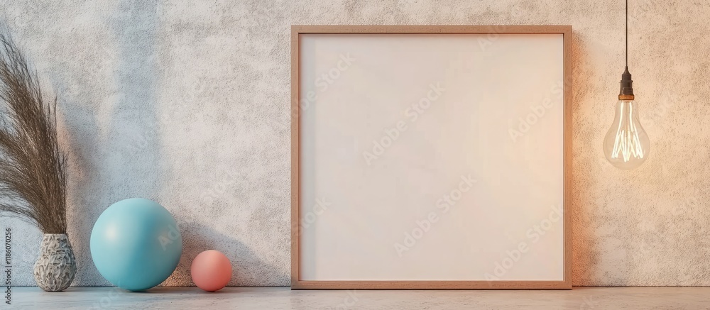 Fototapete an empty colorful picture frame mockup features a blue ball and a light bulb hanging against a white