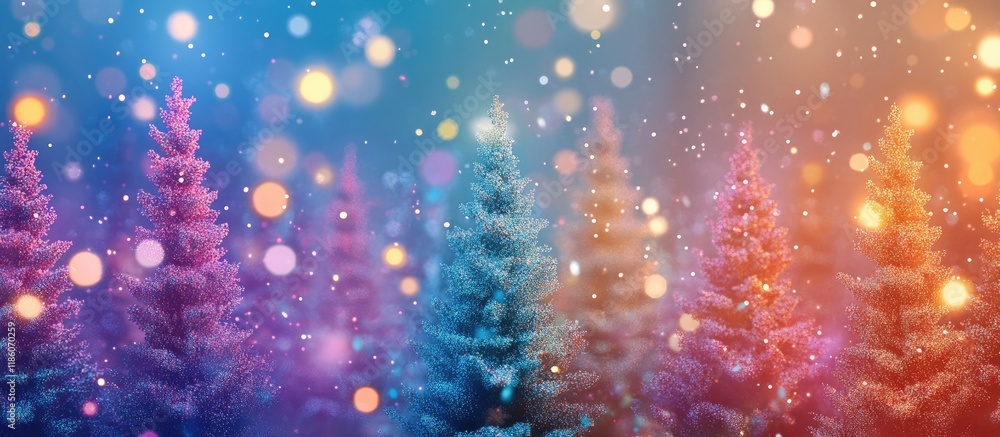 Fototapete Christmas trees creating a forest against a backdrop of colorful lights. with copy space image. Place for adding text or design