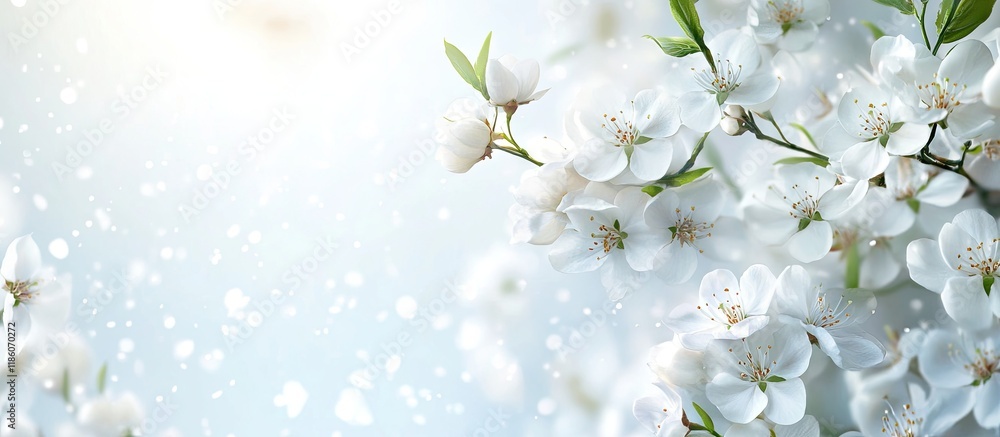 Poster branch with blooming white flowers in springtime. with copy space image. place for adding text or de