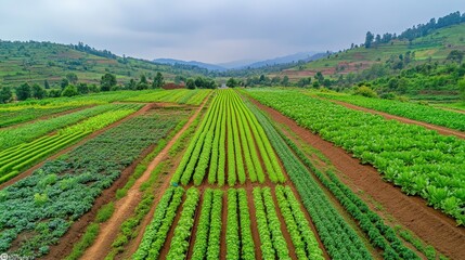 Lush green fields stretch across rolling hills under a cloudy sky, showcasing rows of crops and vibrant vegetation in a serene agricultural landscape.