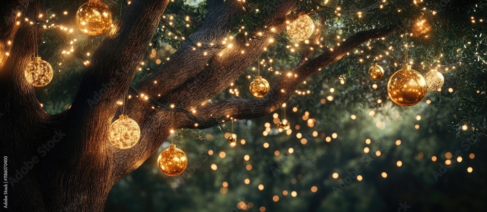 Poster decorative lights hang from the large tree creating a beautiful and fresh ambiance at night the them