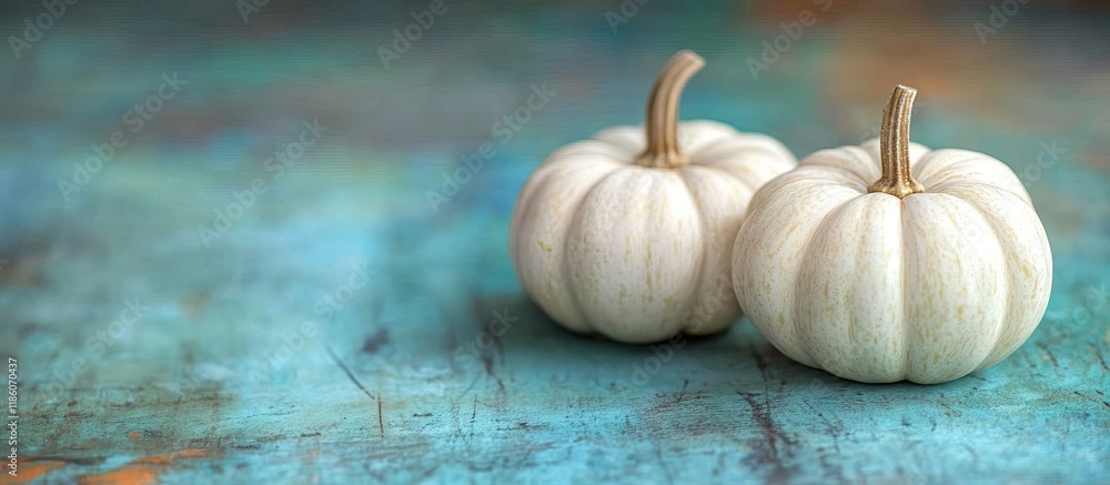 Aufkleber front view of two small white mini fall pumpkins on a rustic blue green table for autumn selective f