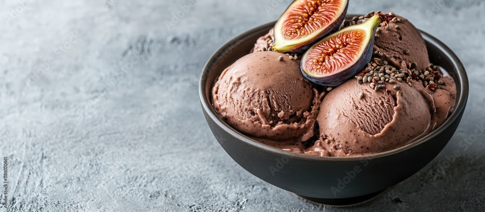 Aufkleber chocolate smoothie bowl or vegan ice cream topped with figs and hemp seeds set against a gray backgr