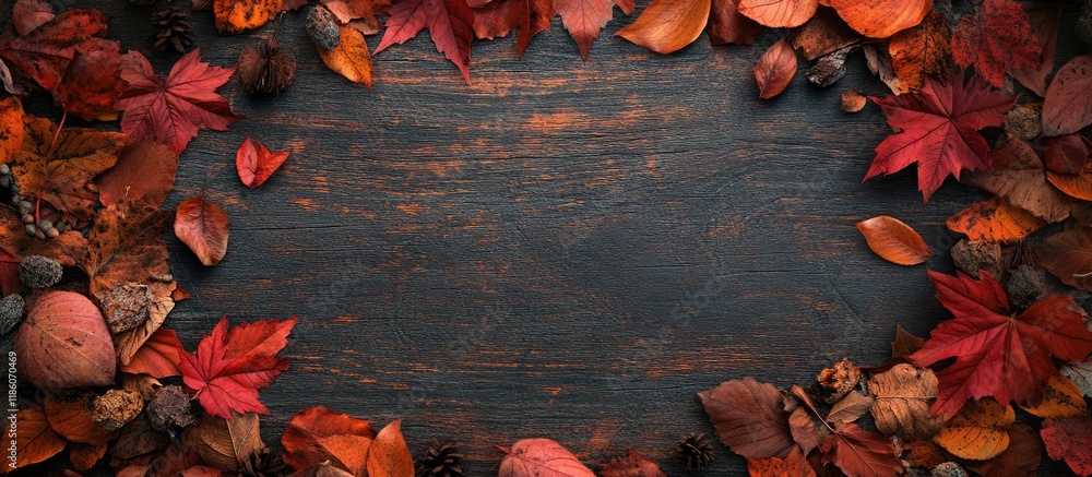Poster autumn leaves frame a rustic background top view. with copy space image. place for adding text or de