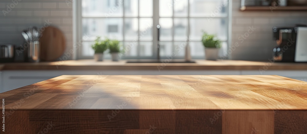 Fototapete wood table top set against a blurred kitchen background ideal for product display montage or design 