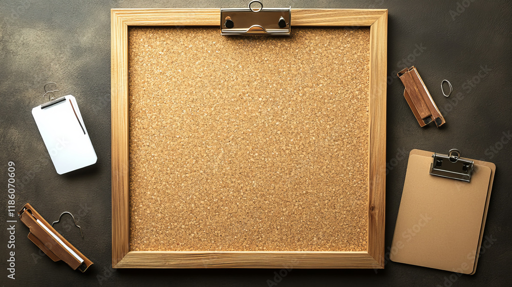 Poster realistic pin board with cork texture surface and wooden frame. empty bulletin background to post no