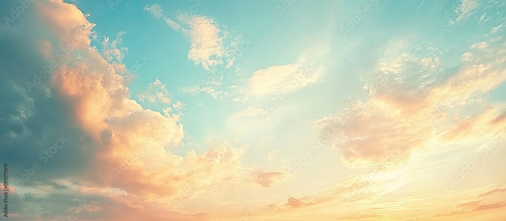 Leinwandbilder A moody sky features pastel dark clouds in the background and bright wispy clouds illuminated by the setting sun in the foreground. with copy space image. Place for adding text or design