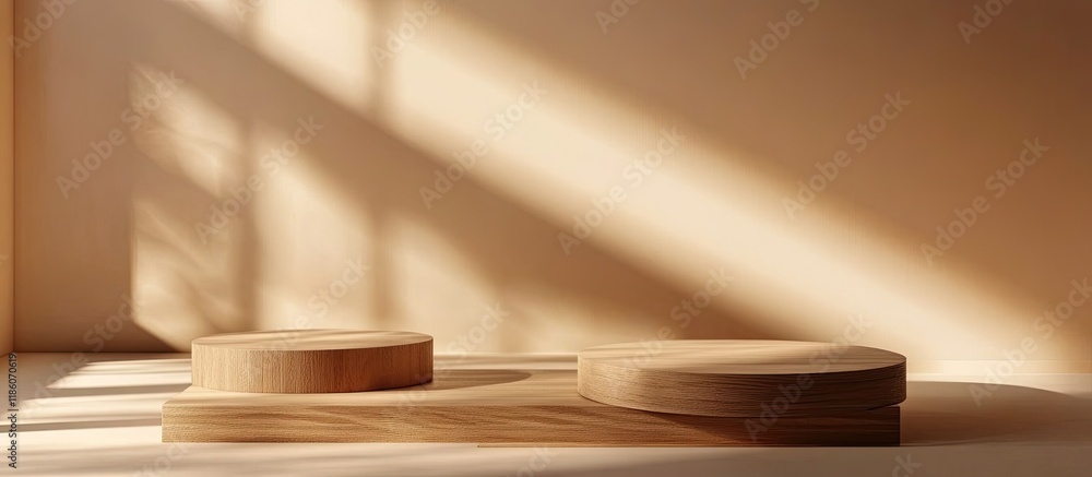 Poster minimalist wooden setting abstract minimal vacant stage featuring rectangle podiums on a beige backg