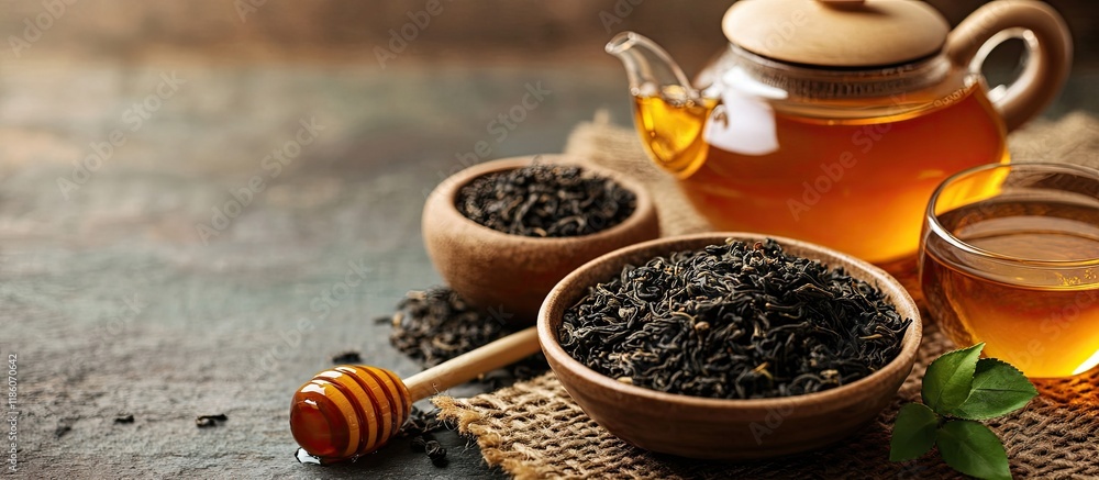 Leinwandbilder closeup of a bowl with dry tea leaves a teapot and honey on a table. with copy space image. place fo