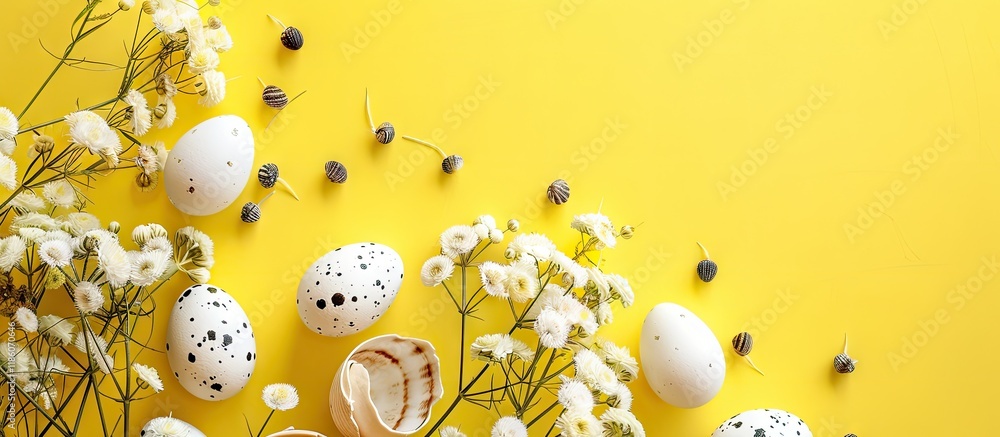 Fototapete Minimalistic Easter backdrop White Easter eggs shells and flowers set against a bright yellow background Card with space for text Top view. with copy space image. Place for adding text or design