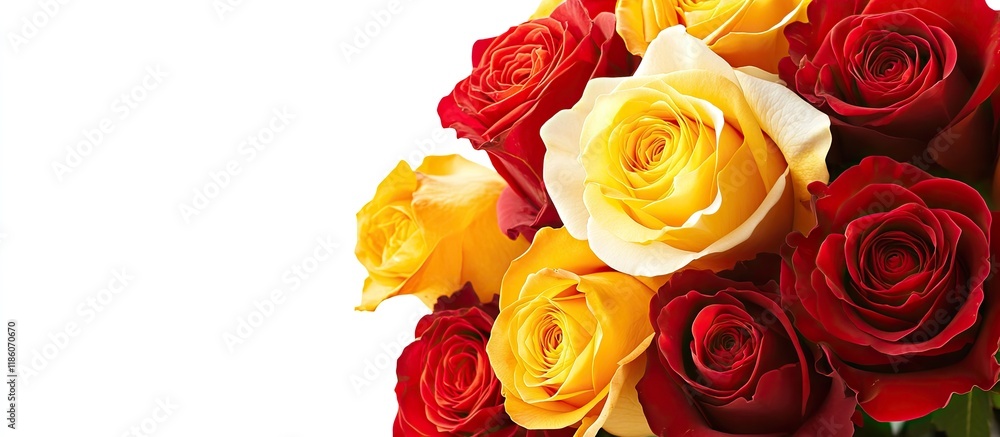 Poster a bouquet of red and yellow roses set against a white background. with copy space image. place for a
