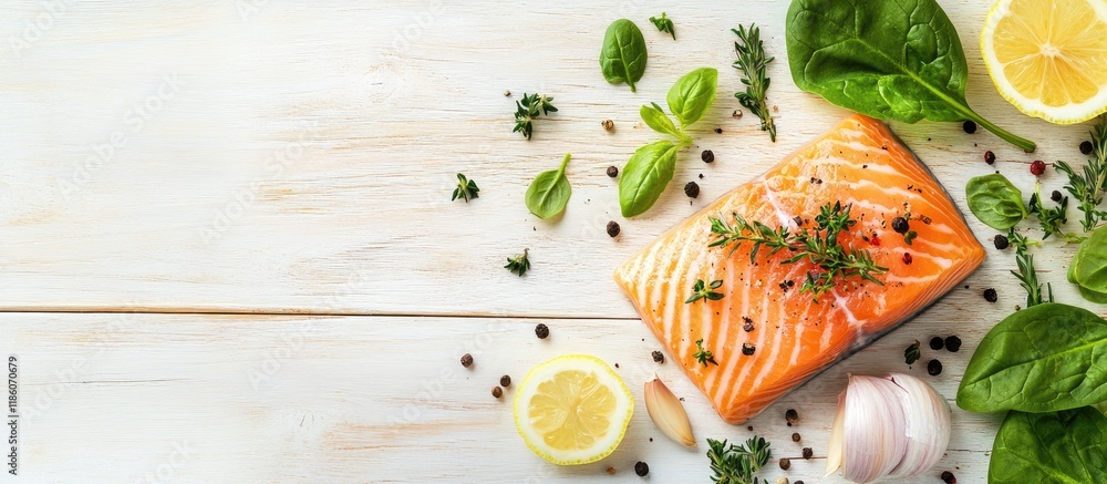 Aufkleber preparing a raw salmon fillet with fragrant herbs garlic lemon and spinach on a white wooden table t