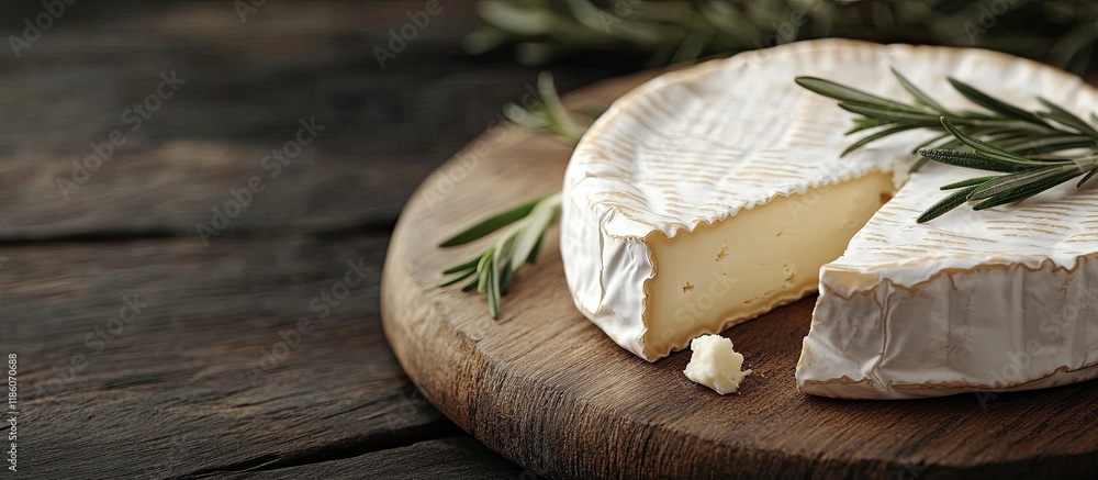Poster delicious cut brie cheese with rosemary on a wooden board close up. with copy space image. place for