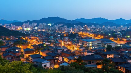Fototapeta premium A vibrant cityscape at dusk, showcasing illuminated buildings and homes against a backdrop of mountains, creating a serene urban atmosphere.