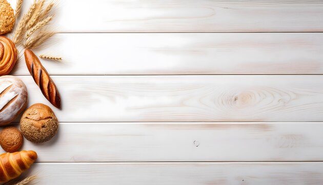 Different bakery products on wooden white background with blank space for text