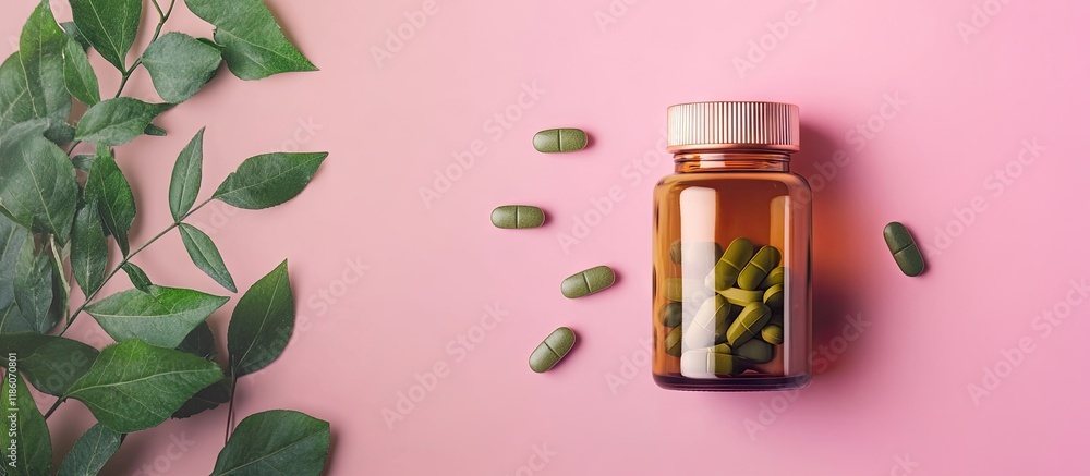 Poster Bottle containing pills and green leaves set against a colored background top view. with copy space image. Place for adding text or design