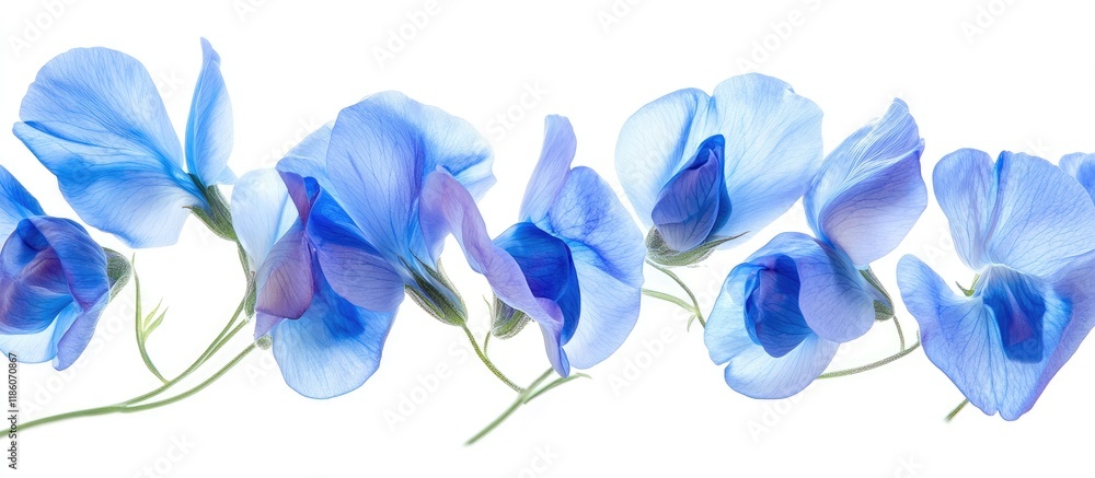 Aufkleber studio shot of blue sweet pea flowers set against a white background large depth of field dof macro.