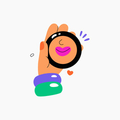 Lip reflection through magnifying glass symbolizing lip enhancement, cosmetic treatments, and beauty services, flat vector illustration isolated on white background