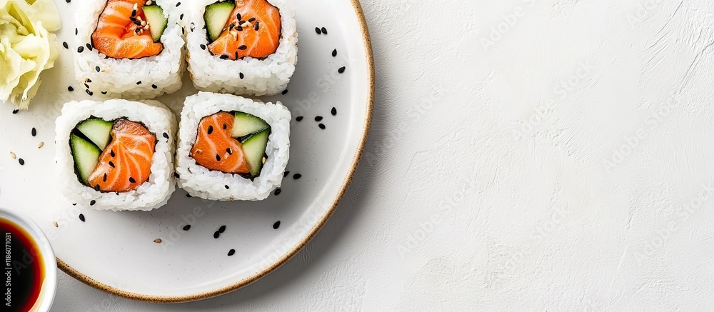 Leinwandbilder Philadelphia rolls feature salmon cucumber and cheese on a plate with soy sauce set against a white background Top view flat lay Minimal concept. with copy space image